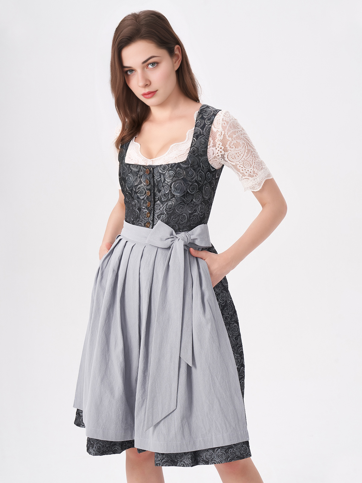 Dirndlbluse mit V-Ausschnitt und Langarm in Blau